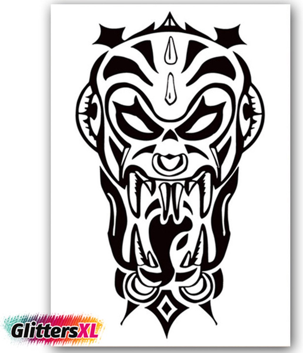 GlittersXL - Temporary Tattoo Tribal Skull (A5 formaat) [Neptattoo - Tijdelijke tatoeage - Nep Fake Tattoos - Water overdraagbare festival sticker henna outfit tattoo - Glitter tattoo - Volwassenen Kinderen Jongen Meisje - Doodskop Doodshoofd]